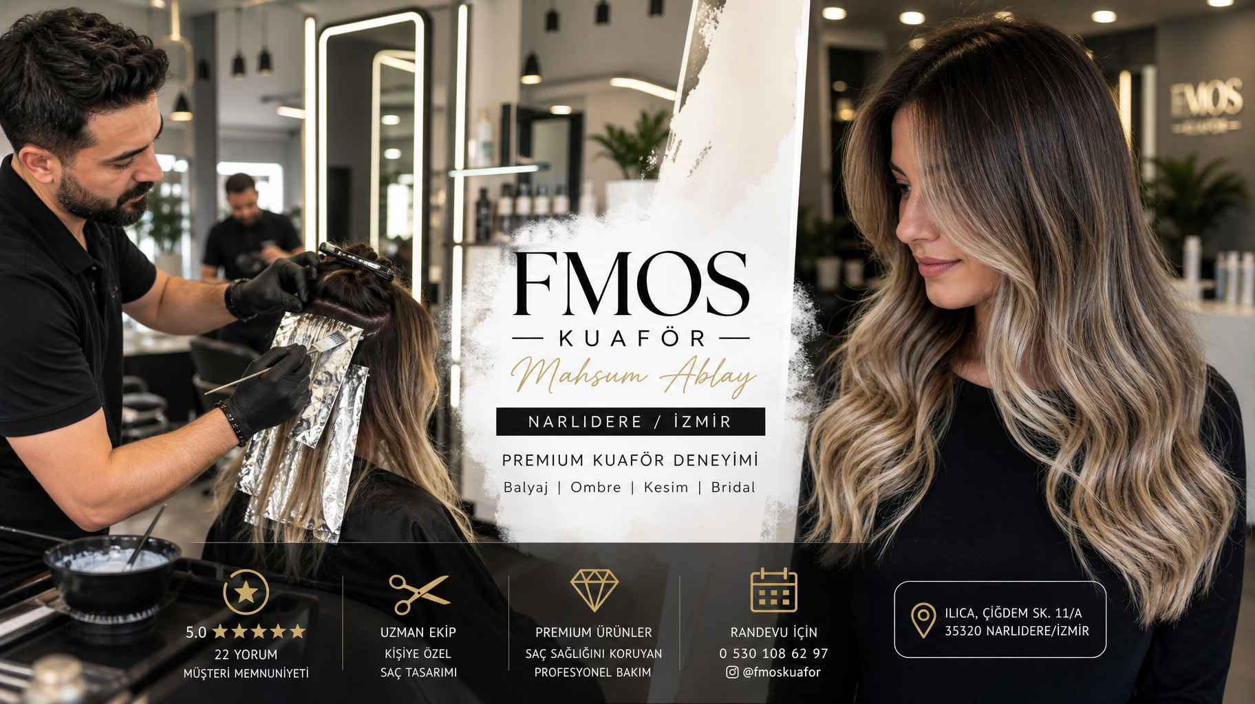 Narlıdere’de Premium Balyaj, Ombre, Kesim ve Bridal İçin Tek Adres: FMOS KUAFÖR (Mahsum Ablay)